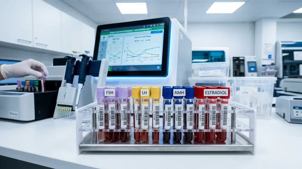 Krevní zkumavky pro analýzu FSH LH AMH a estradiolu v endokrinologické laboratoři