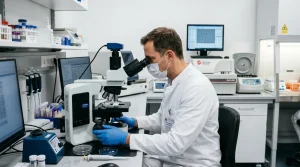Andrológ v laboratóriu vyšetrujúci vzorku spermiogramu pod mikroskopom