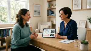 Lékařka gynekoložka rozebírající diagnostický plán vyšetření plodnosti s pacientkou