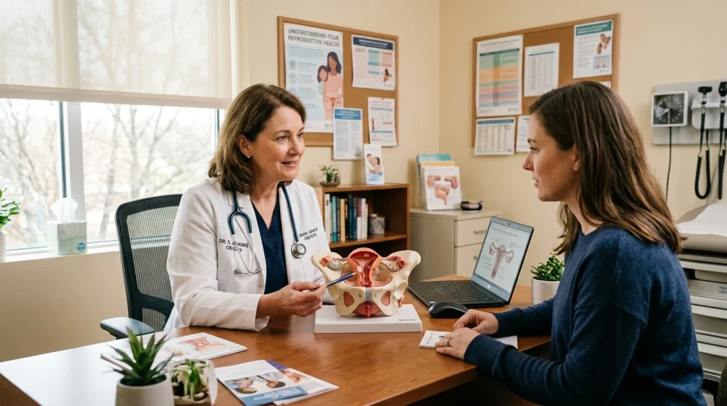 Gynekologická konzultace a vysvětlení anatomie pánevního dna