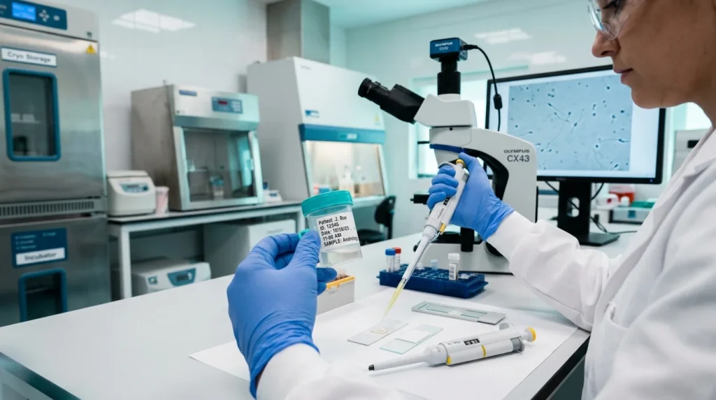 Laboratorní odběrová zkumavka na ejakulát a sterilní příprava vzorku