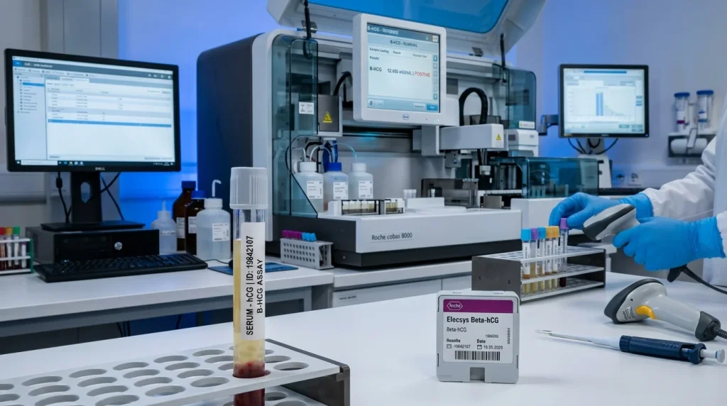 Moderní biochemický analyzátor pro přesné měření beta-hCG v krevním séru