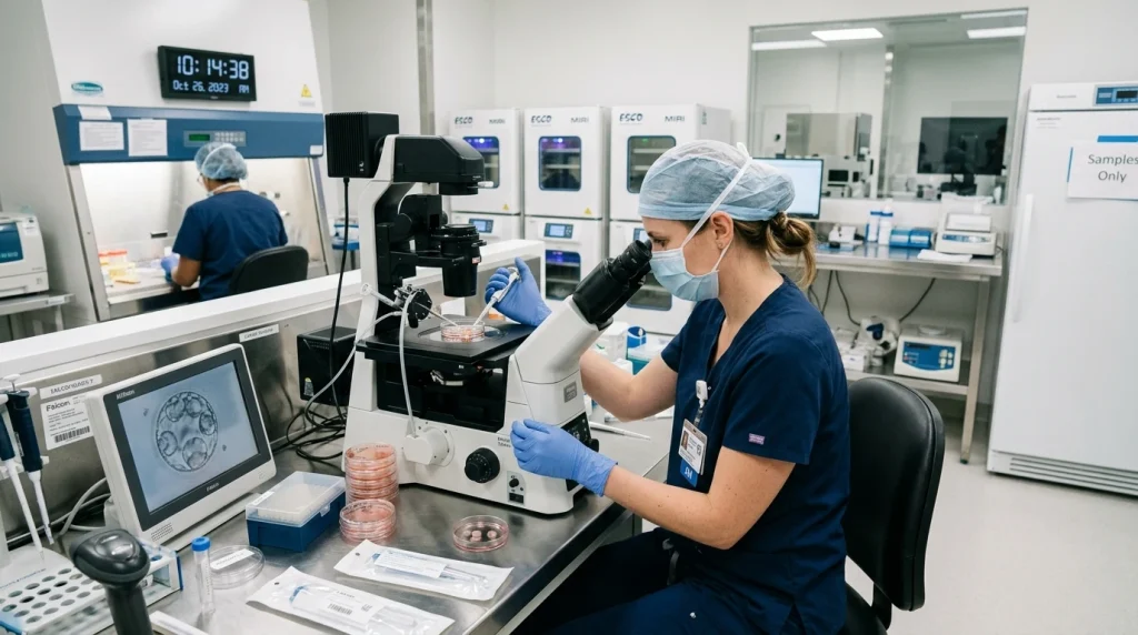 Embryolog provádějící mikromanipulaci při IVF s darovanými spermiemi