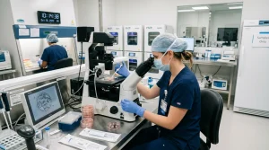 Embryolog provádějící mikromanipulaci při IVF s darovanými spermiemi