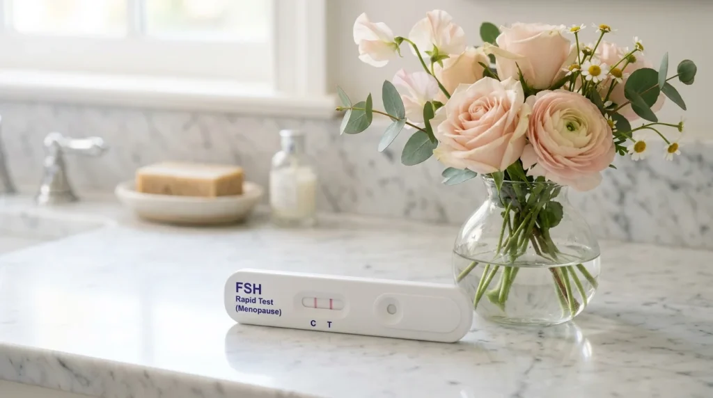 Domácí rychlý diagnostický test na menopauzu a hormon FSH na mramorové desce