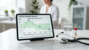 Graf diurnální křivky referenčních hodnot kortizolu na digitálním displeji