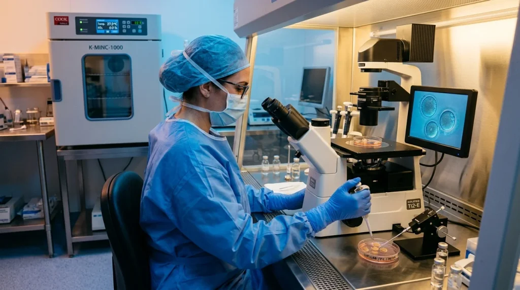Embryoložka v laboratoři připravující darovaná vajíčka pro oplodnění