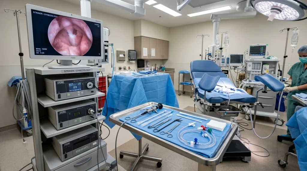 Gynekologický sál s moderním ultrazvukem pro ambulantní punkci ovariální cysty
